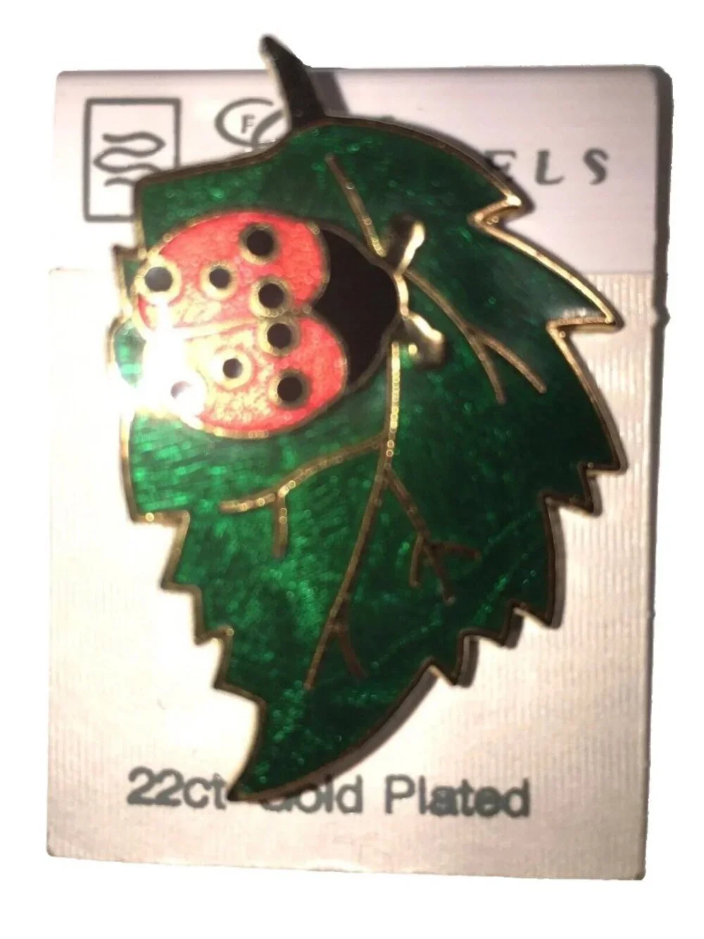 Fine Enamels Red Ladybug On Green Leaf 22k Gold Plated Brooch Pin
